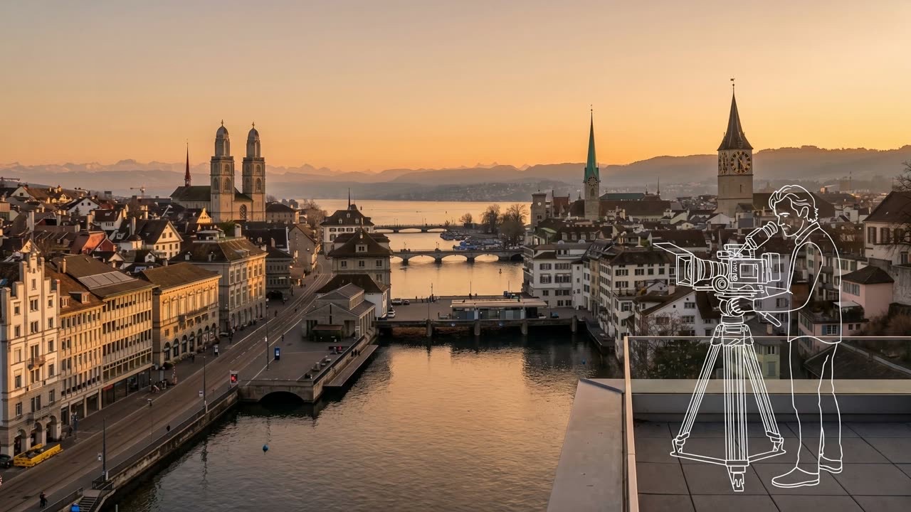 Zürich am Abend über der Limmat mit Grossmünster, Fraumünster und St. Peter, davor Roman Weber als weisse Outline-Zeichnung an der Kamera, eine Outline-Drohne am Himmel